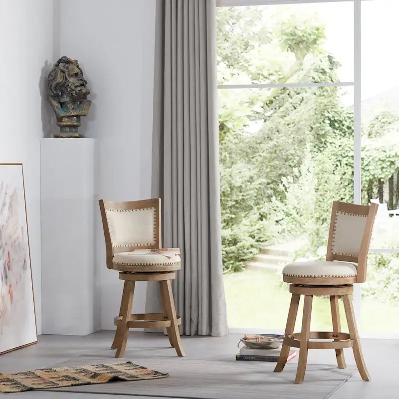 Tabouret de comptoir pivotant à dossier haut avec coussin en lin et structure en bois