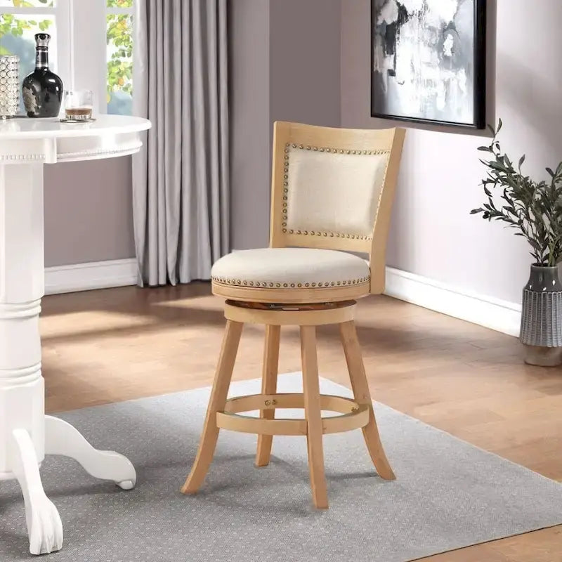 Tabouret de comptoir pivotant à dossier haut avec coussin en lin et structure en bois