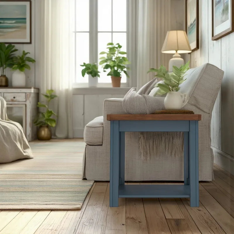 Table d'appoint de 61 cm, aucun assemblage requis, finition denim bleu et whisky