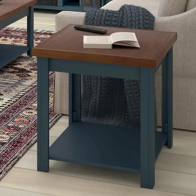 Table d'appoint de 61 cm, aucun assemblage requis, finition denim bleu et whisky