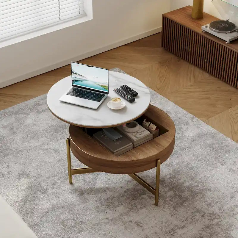 Table basse moderne, Table basse ronde relevable avec rangement, Plateau en pierre frittée, Pieds en acier au carbone