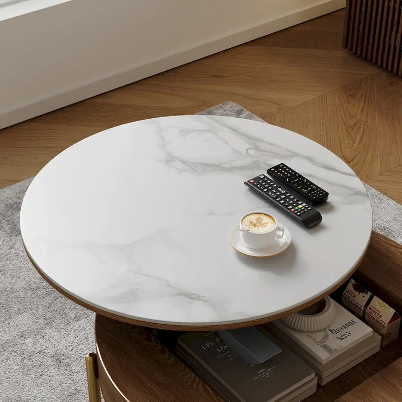 Table basse moderne, Table basse ronde relevable avec rangement, Plateau en pierre frittée, Pieds en acier au carbone