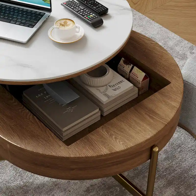 Table basse moderne, Table basse ronde relevable avec rangement, Plateau en pierre frittée, Pieds en acier au carbone
