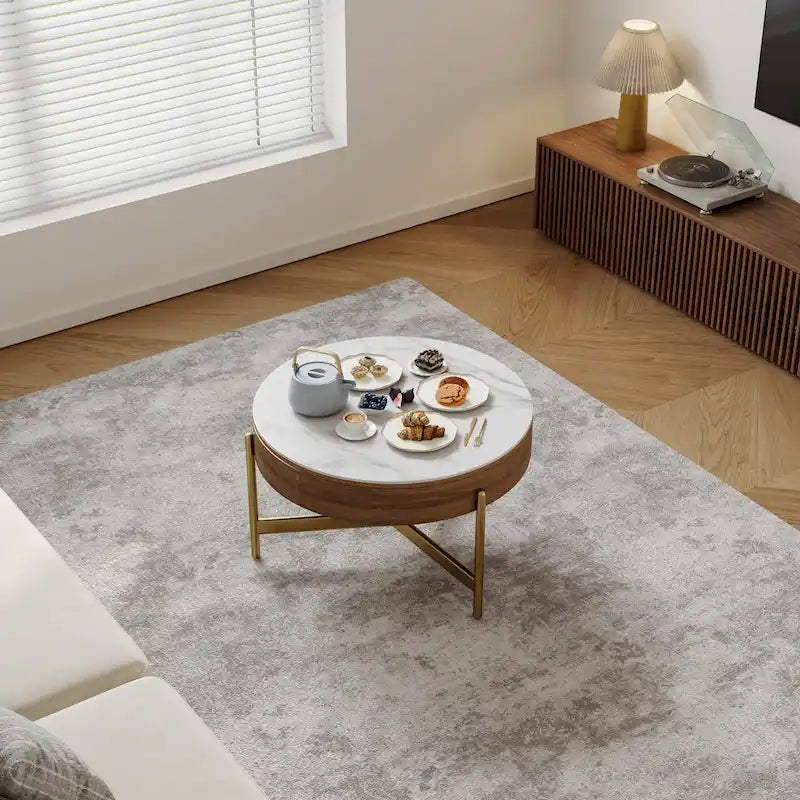 Table basse moderne, Table basse ronde relevable avec rangement, Plateau en pierre frittée, Pieds en acier au carbone