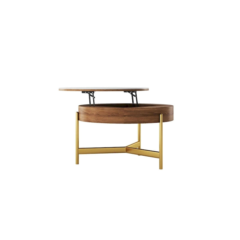 Table basse moderne, Table basse ronde relevable avec rangement, Plateau en pierre frittée, Pieds en acier au carbone
