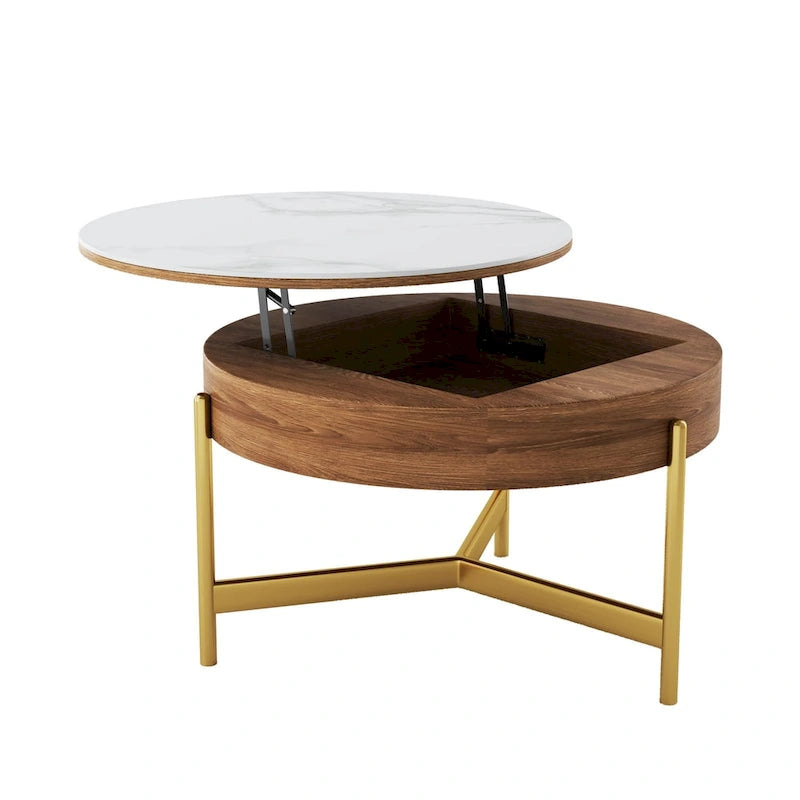 Table basse moderne, Table basse ronde relevable avec rangement, Plateau en pierre frittée, Pieds en acier au carbone