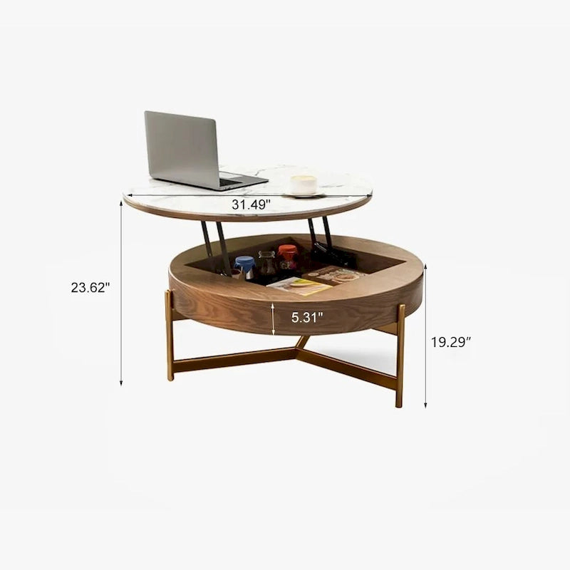 Table basse moderne, Table basse ronde relevable avec rangement, Plateau en pierre frittée, Pieds en acier au carbone