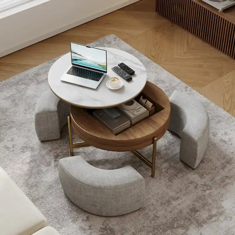 Table basse moderne, Table basse ronde relevable avec rangement, Plateau en pierre frittée, Pieds en acier au carbone