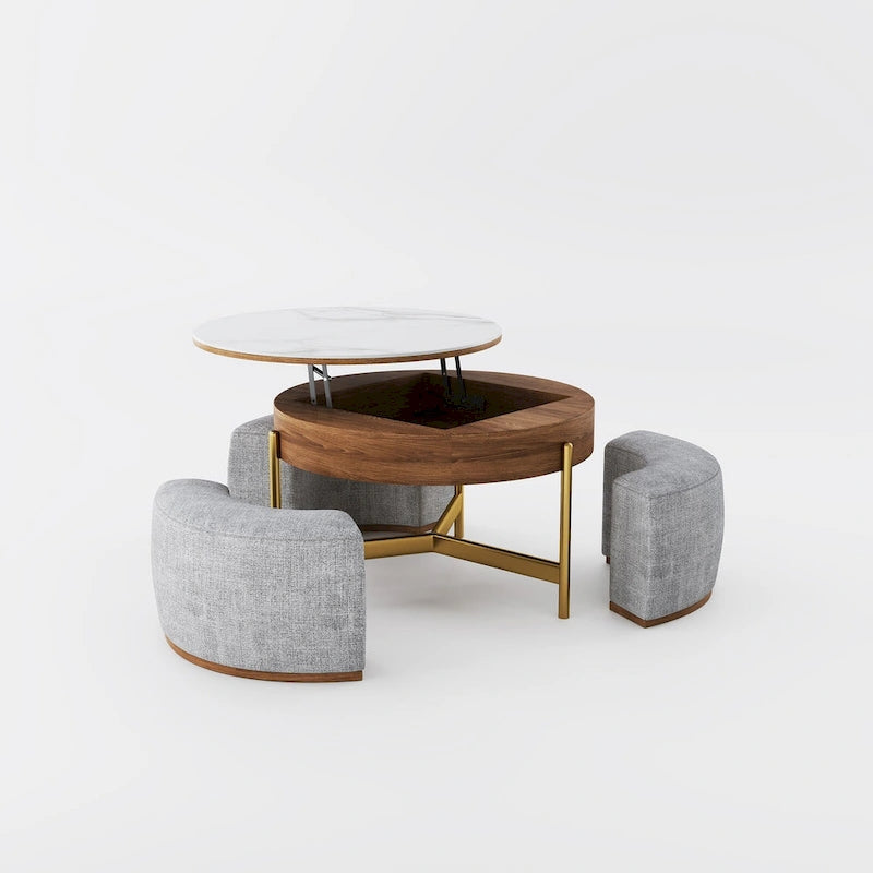 Table basse moderne, Table basse ronde relevable avec rangement, Plateau en pierre frittée, Pieds en acier au carbone