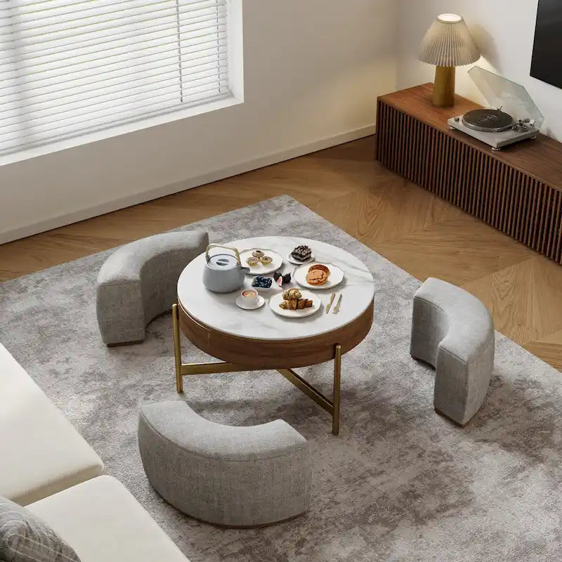 Table basse moderne, Table basse ronde relevable avec rangement, Plateau en pierre frittée, Pieds en acier au carbone