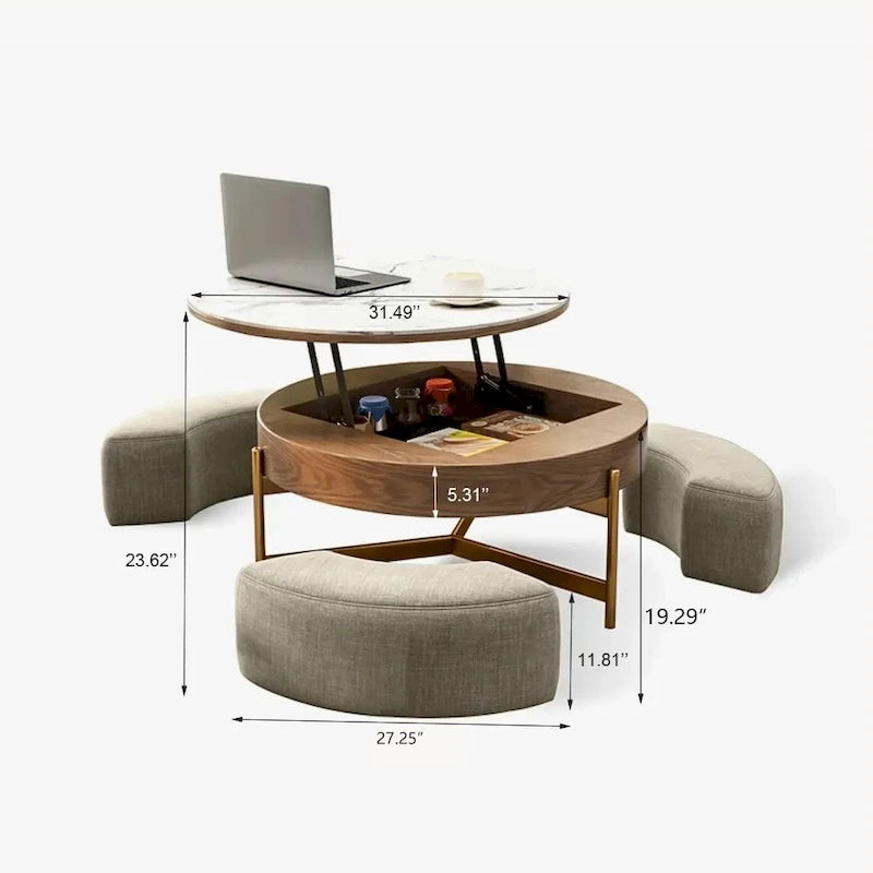 Table basse moderne, Table basse ronde relevable avec rangement, Plateau en pierre frittée, Pieds en acier au carbone