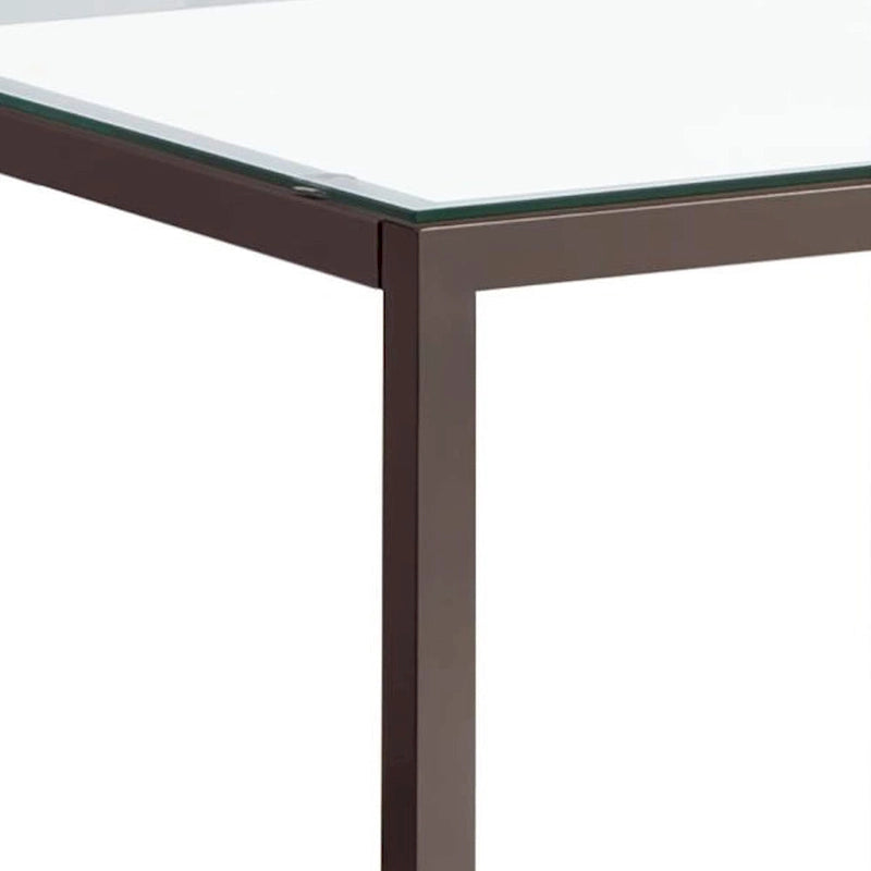 Table d'appoint avec plateau en verre, structure métallique et étagère ouverte, nickel