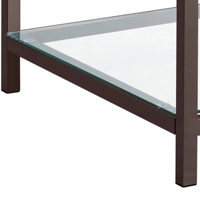 Table d'appoint avec plateau en verre, structure métallique et étagère ouverte, nickel