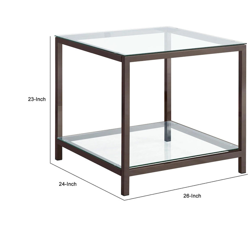 Table d'appoint avec plateau en verre, structure métallique et étagère ouverte, nickel