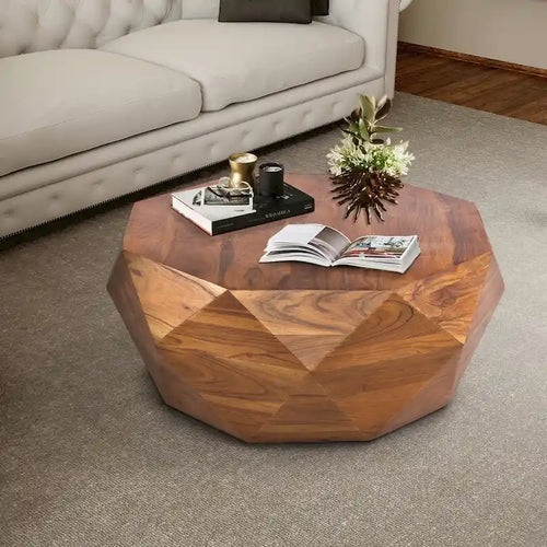 Table basse en bois d'acacia en forme de diamant de 33 pouces avec plateau lisse, marron foncé