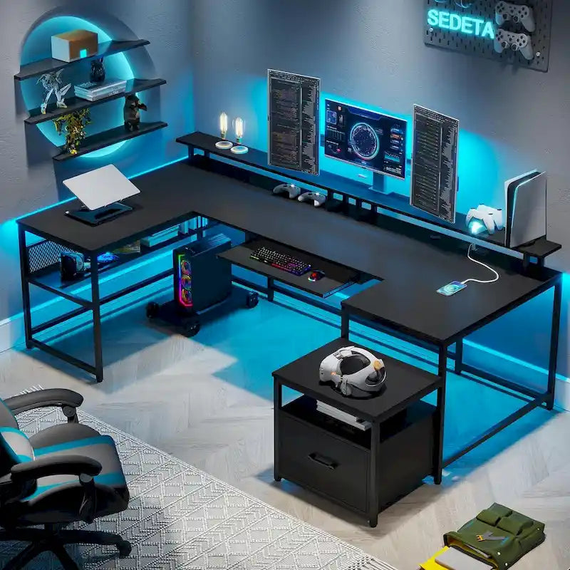 Bureau d'ordinateur en U, bureau de jeu en L, tiroir de classement