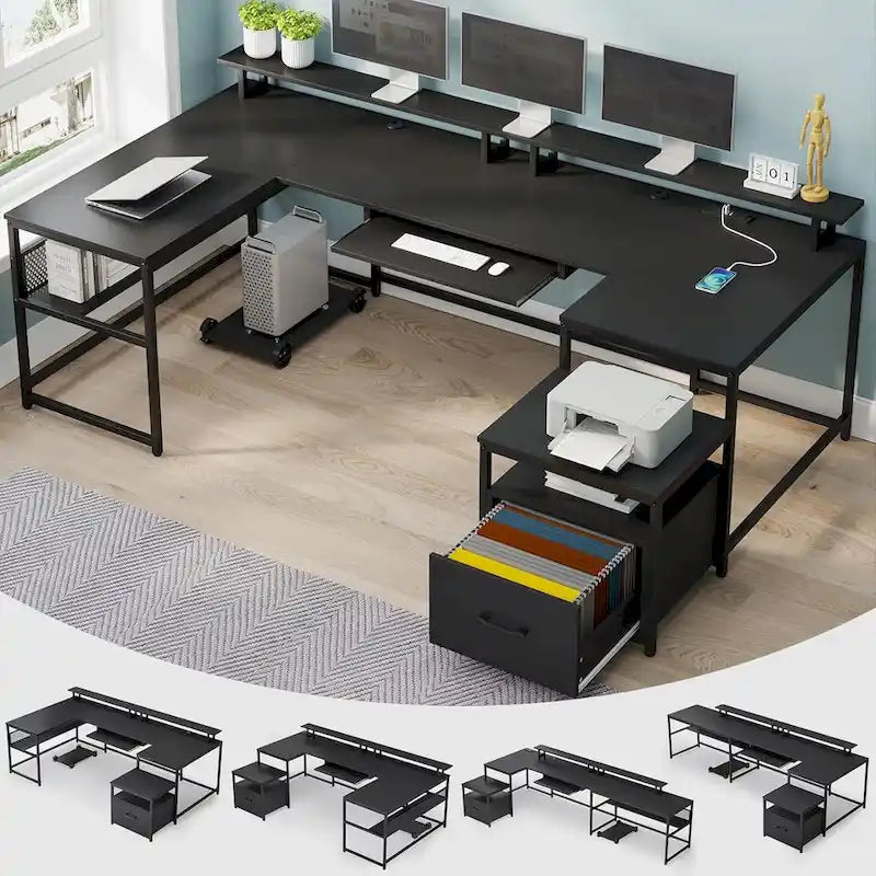 Bureau d'ordinateur en U, bureau de jeu en L, tiroir de classement
