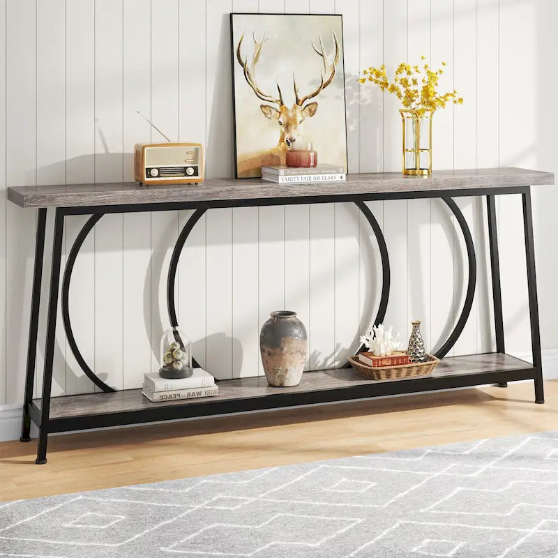 Console étroite extra longue de 180 cm avec cadre en métal pour entrée et salon