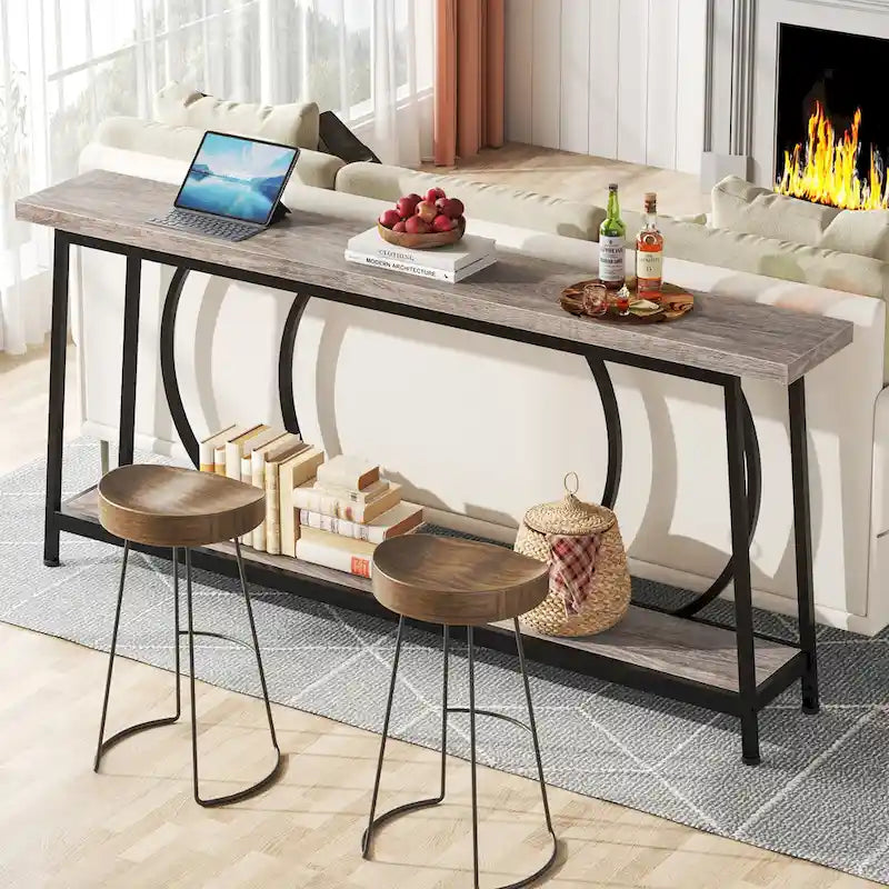 Console étroite extra longue de 180 cm avec cadre en métal pour entrée et salon