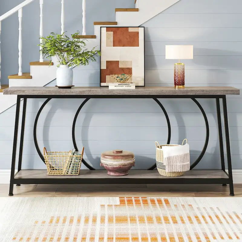 Console étroite extra longue de 180 cm avec cadre en métal pour entrée et salon