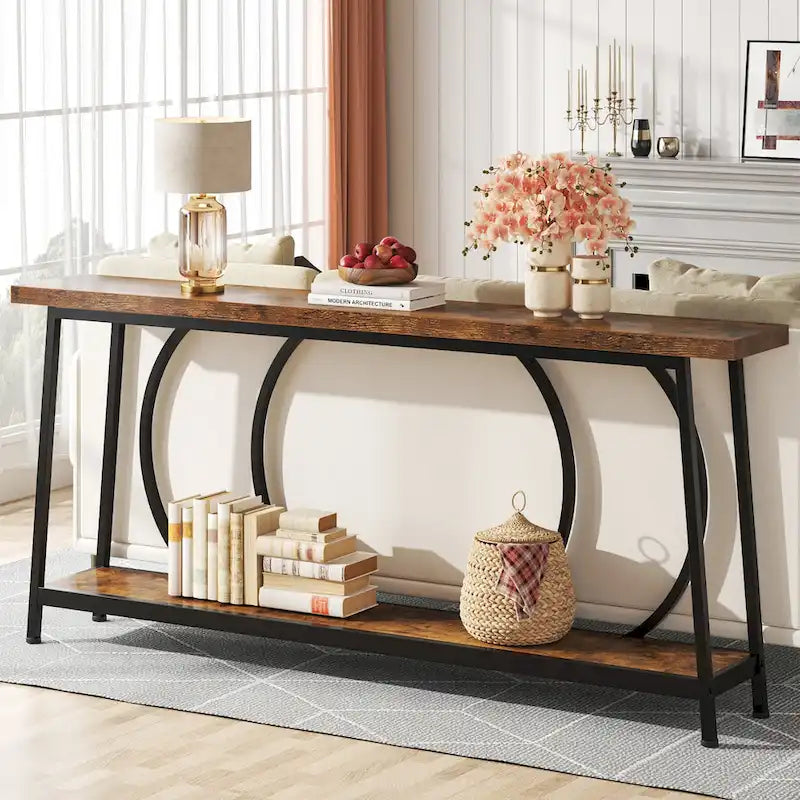 Console étroite extra longue de 180 cm avec cadre en métal pour entrée et salon