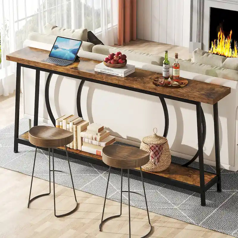 Console étroite extra longue de 180 cm avec cadre en métal pour entrée et salon
