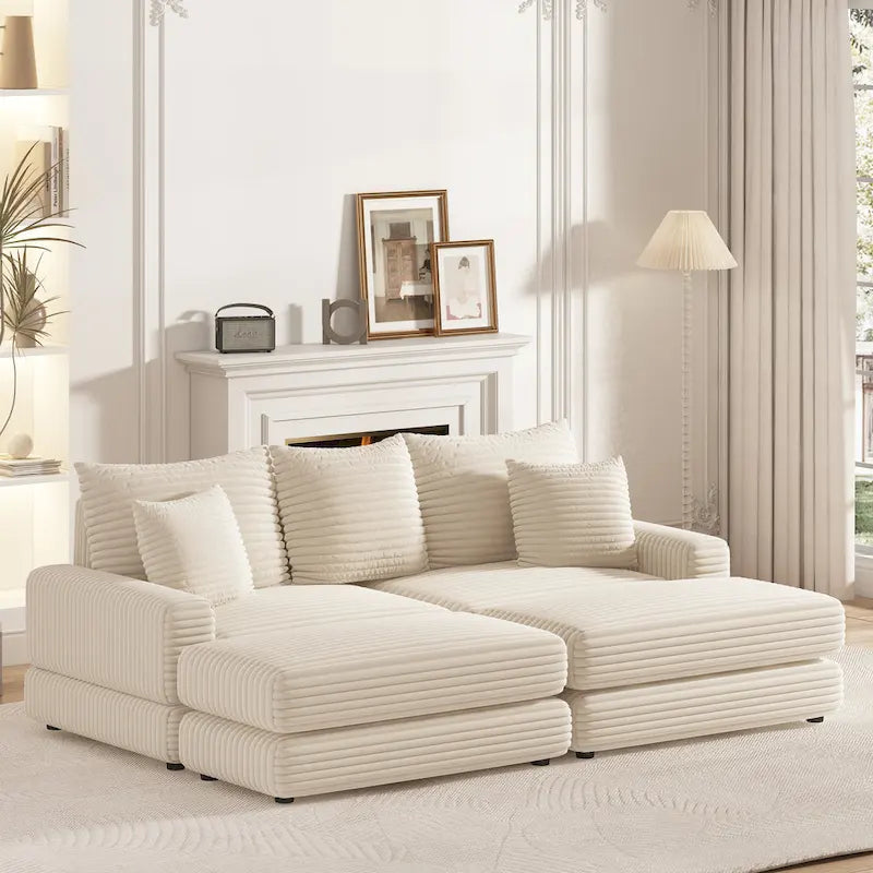 Canapé 3 places en velours côtelé de 86,6 pouces avec 3 coussins de dossier, 2 coussins décoratifs et deux poufs, canapé confortable - Canapé à assise profonde pour salon