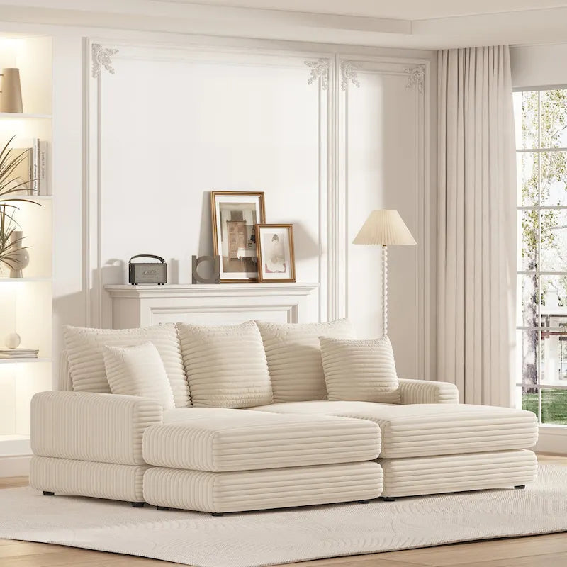 Canapé 3 places en velours côtelé de 86,6 pouces avec 3 coussins de dossier, 2 coussins décoratifs et deux poufs, canapé confortable - Canapé à assise profonde pour salon