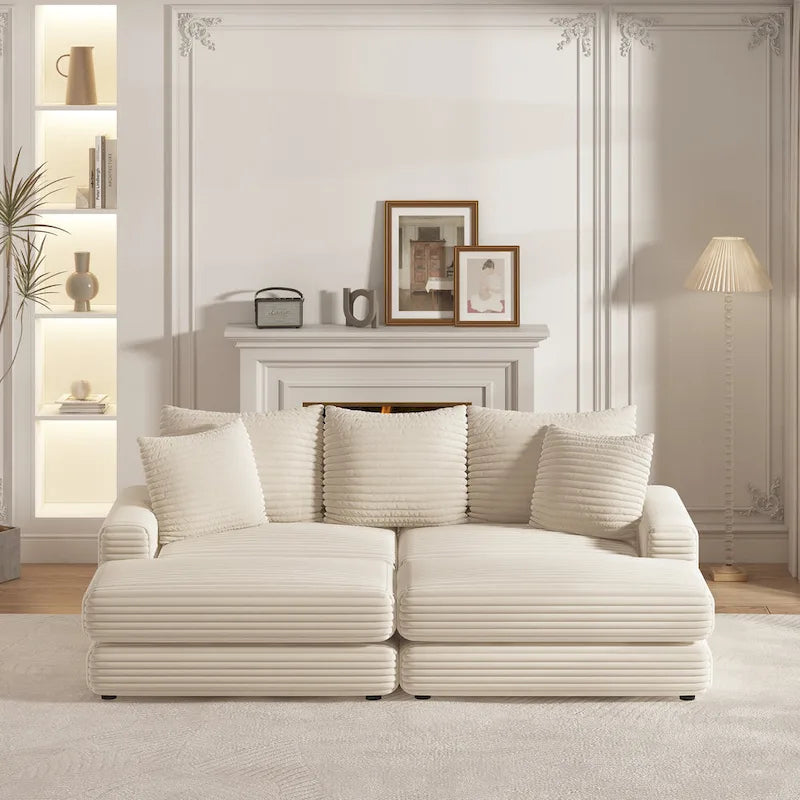 Canapé 3 places en velours côtelé de 86,6 pouces avec 3 coussins de dossier, 2 coussins décoratifs et deux poufs, canapé confortable - Canapé à assise profonde pour salon