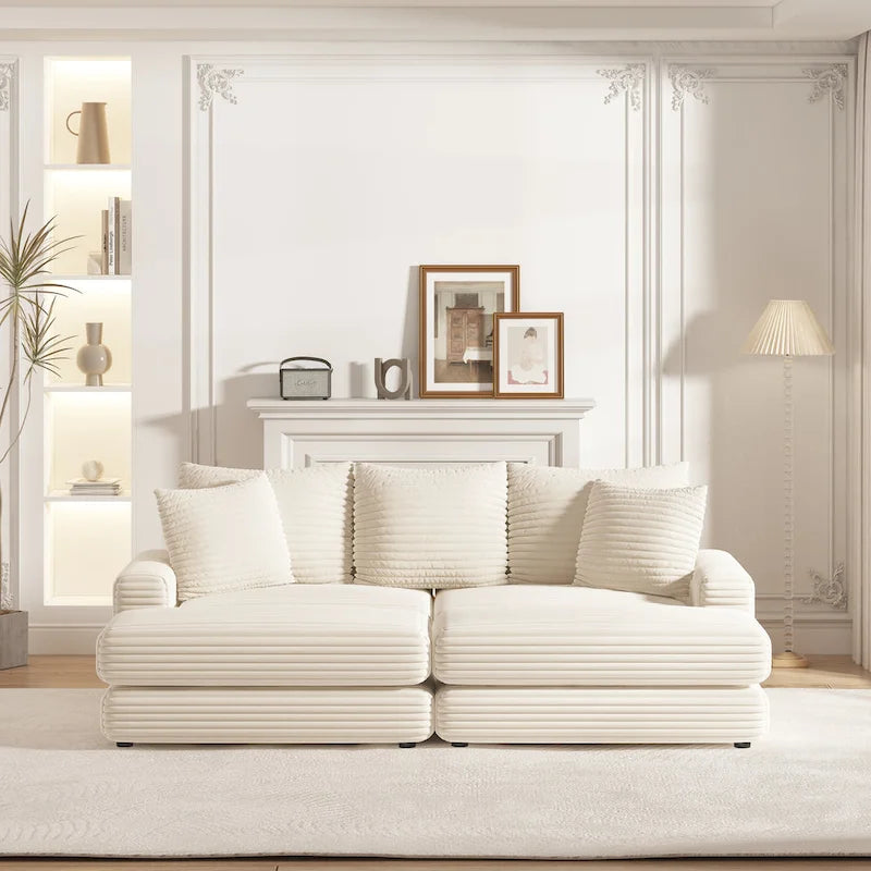 Canapé 3 places en velours côtelé de 86,6 pouces avec 3 coussins de dossier, 2 coussins décoratifs et deux poufs, canapé confortable - Canapé à assise profonde pour salon