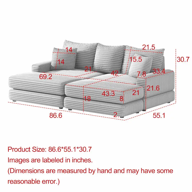 Canapé 3 places en velours côtelé de 86,6 pouces avec 3 coussins de dossier, 2 coussins décoratifs et deux poufs, canapé confortable - Canapé à assise profonde pour salon