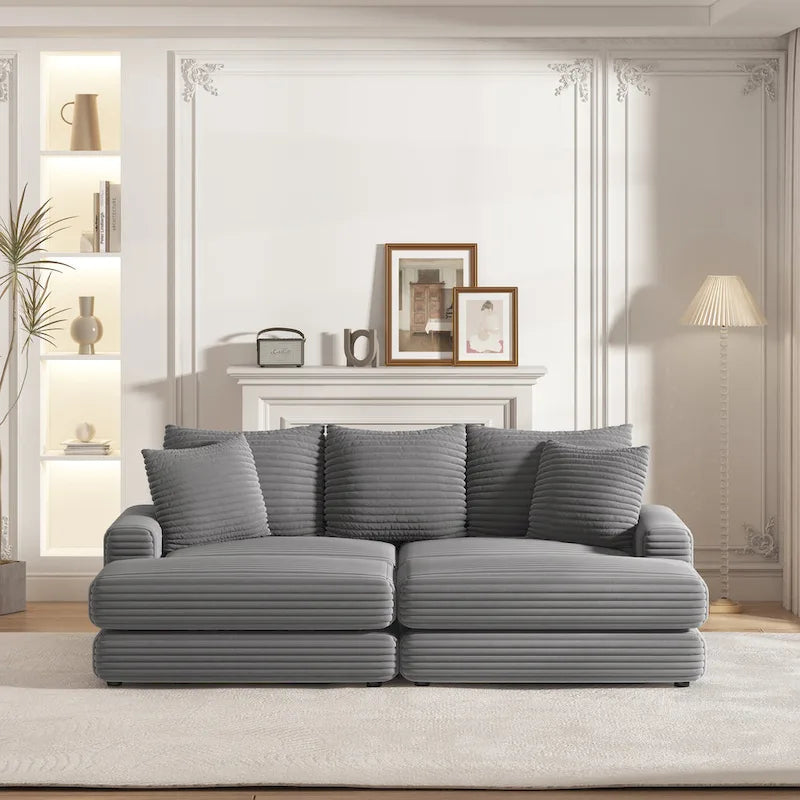Canapé 3 places en velours côtelé de 86,6 pouces avec 3 coussins de dossier, 2 coussins décoratifs et deux poufs, canapé confortable - Canapé à assise profonde pour salon