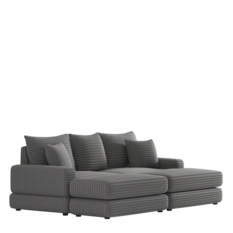 Canapé 3 places en velours côtelé de 86,6 pouces avec 3 coussins de dossier, 2 coussins décoratifs et deux poufs, canapé confortable - Canapé à assise profonde pour salon