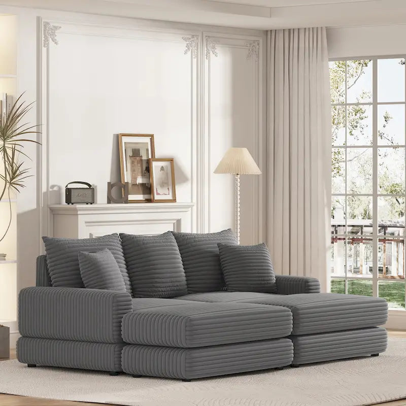 Canapé 3 places en velours côtelé de 86,6 pouces avec 3 coussins de dossier, 2 coussins décoratifs et deux poufs, canapé confortable - Canapé à assise profonde pour salon