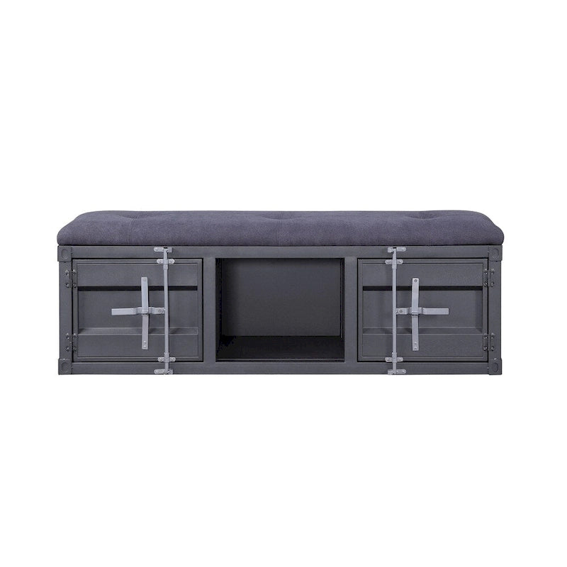 Banc de style industriel en métal et tissu avec rangement ouvert, gris