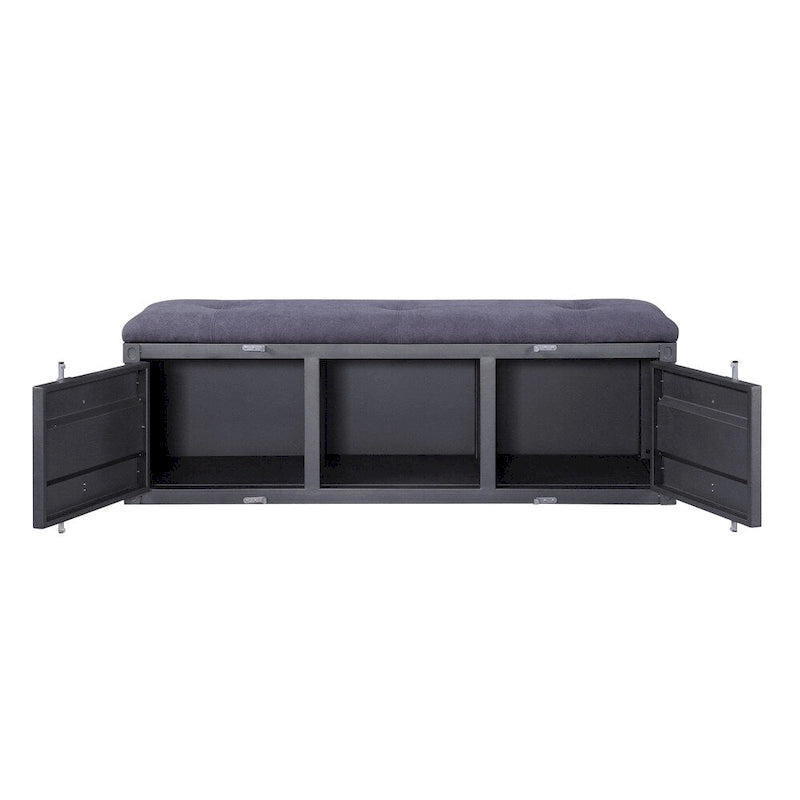 Banc de style industriel en métal et tissu avec rangement ouvert, gris