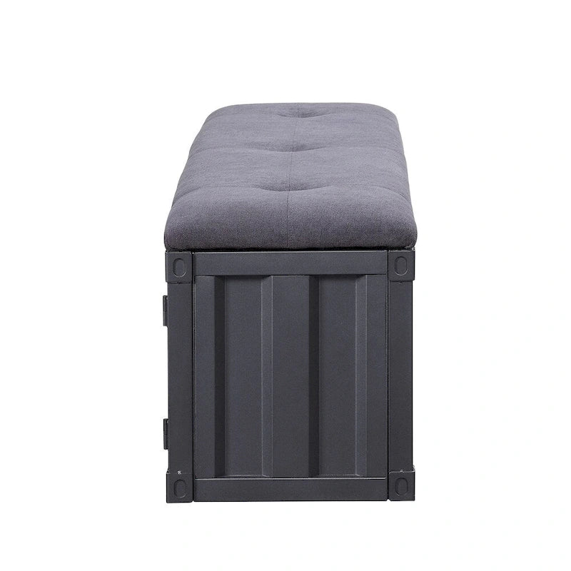 Banc de style industriel en métal et tissu avec rangement ouvert, gris