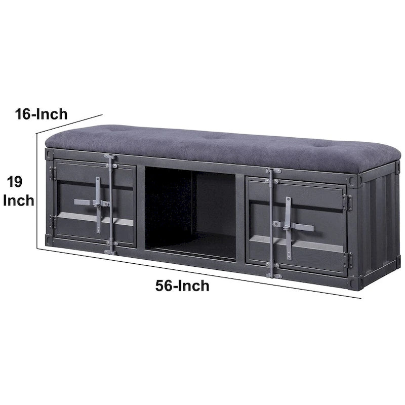 Banc de style industriel en métal et tissu avec rangement ouvert, gris