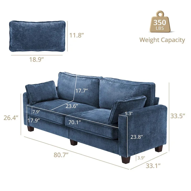 Canapé 3 places moderne en velours côtelé, canapé rectangulaire rembourré en polyester pour salon - 81W X 33D X 26H