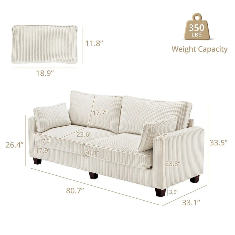 Canapé 3 places moderne en velours côtelé, canapé rectangulaire rembourré en polyester pour salon - 81W X 33D X 26H