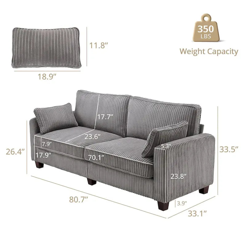 Canapé 3 places moderne en velours côtelé, canapé rectangulaire rembourré en polyester pour salon - 81W X 33D X 26H