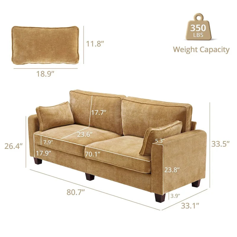 Canapé 3 places moderne en velours côtelé, canapé rectangulaire rembourré en polyester pour salon - 81W X 33D X 26H