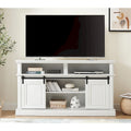 Meuble console média avec meuble de rangement, Table TV de divertissement de style Mid-Century, Meuble TV polyvalent à portes coulissantes