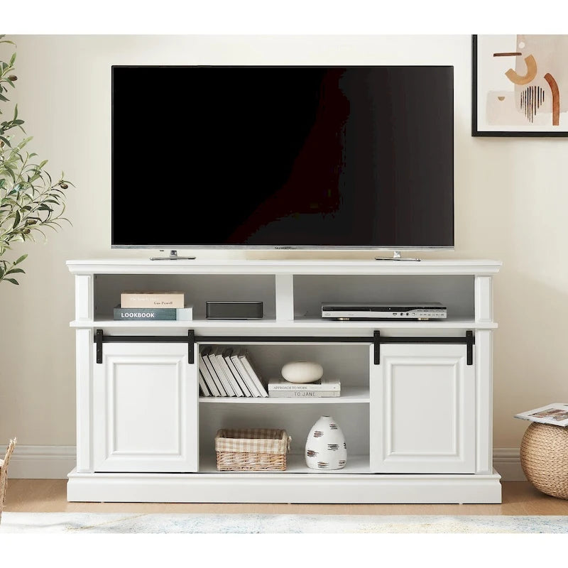 Meuble console média avec meuble de rangement, Table TV de divertissement de style Mid-Century, Meuble TV polyvalent à portes coulissantes