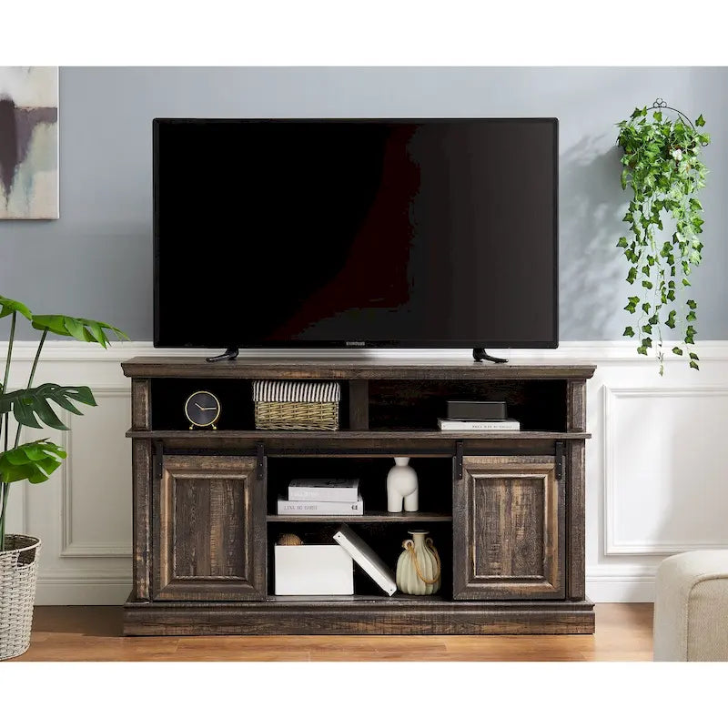 Meuble console média avec meuble de rangement, Table TV de divertissement de style Mid-Century, Meuble TV polyvalent à portes coulissantes