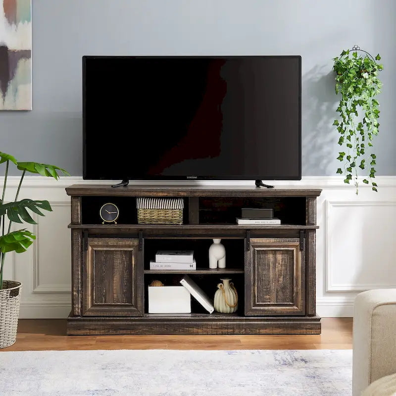 Meuble console média avec meuble de rangement, Table TV de divertissement de style Mid-Century, Meuble TV polyvalent à portes coulissantes