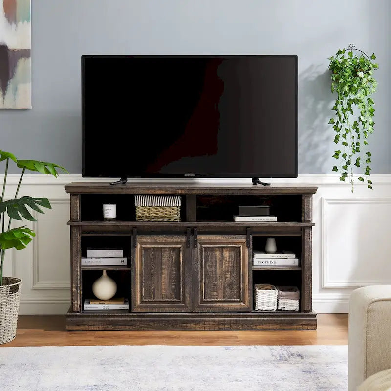 Meuble console média avec meuble de rangement, Table TV de divertissement de style Mid-Century, Meuble TV polyvalent à portes coulissantes