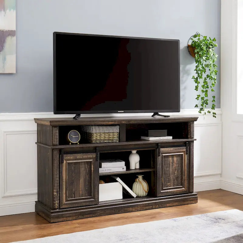 Meuble console média avec meuble de rangement, Table TV de divertissement de style Mid-Century, Meuble TV polyvalent à portes coulissantes