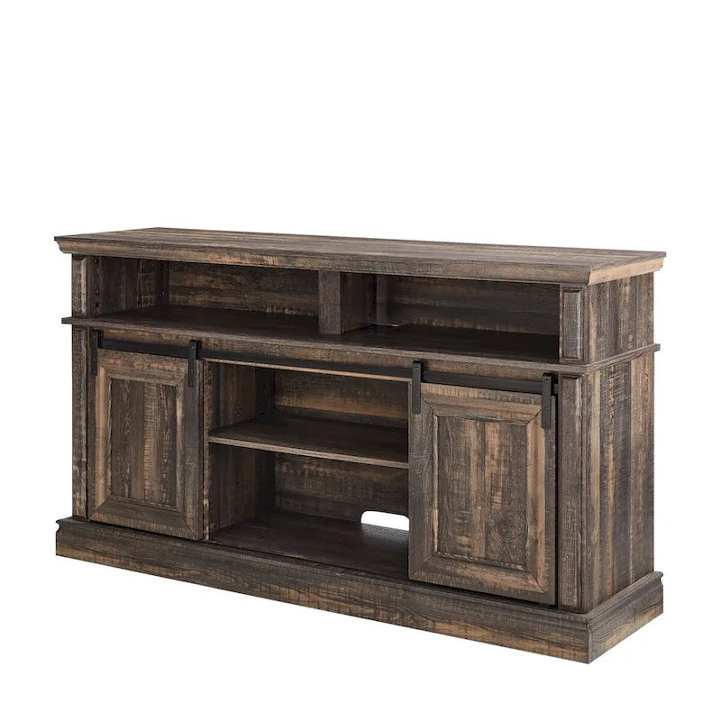 Meuble console média avec meuble de rangement, Table TV de divertissement de style Mid-Century, Meuble TV polyvalent à portes coulissantes