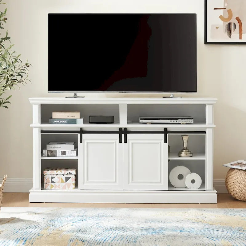 Meuble console média avec meuble de rangement, Table TV de divertissement de style Mid-Century, Meuble TV polyvalent à portes coulissantes